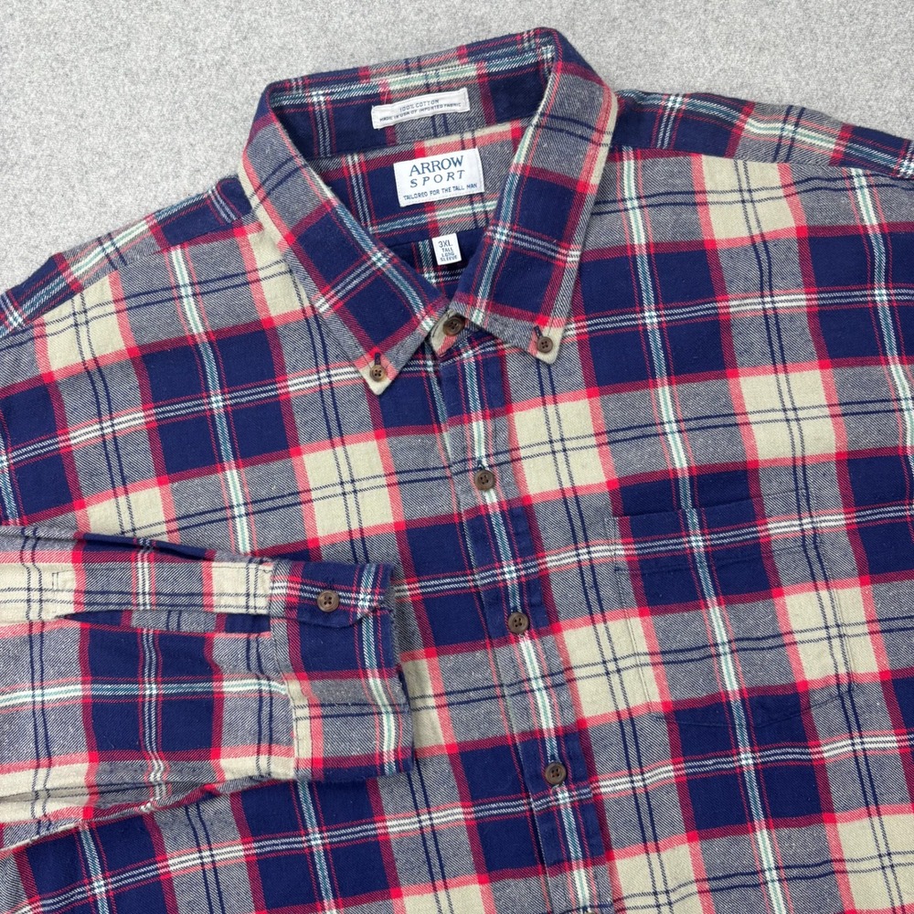 Vintage 80s Arrow Sport Flannel Shirt Mens 3XLT (Modern 2XLT) Red Blue Plaid USA